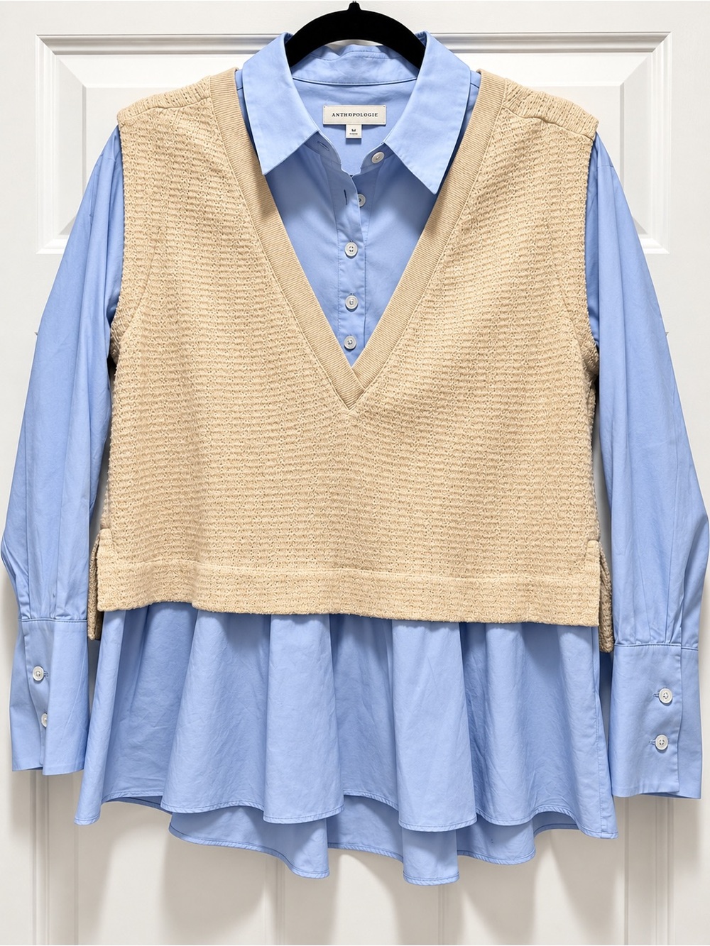 Anthropologie Blue Button-Down Shirt with Cream Knit V-Neck Vest